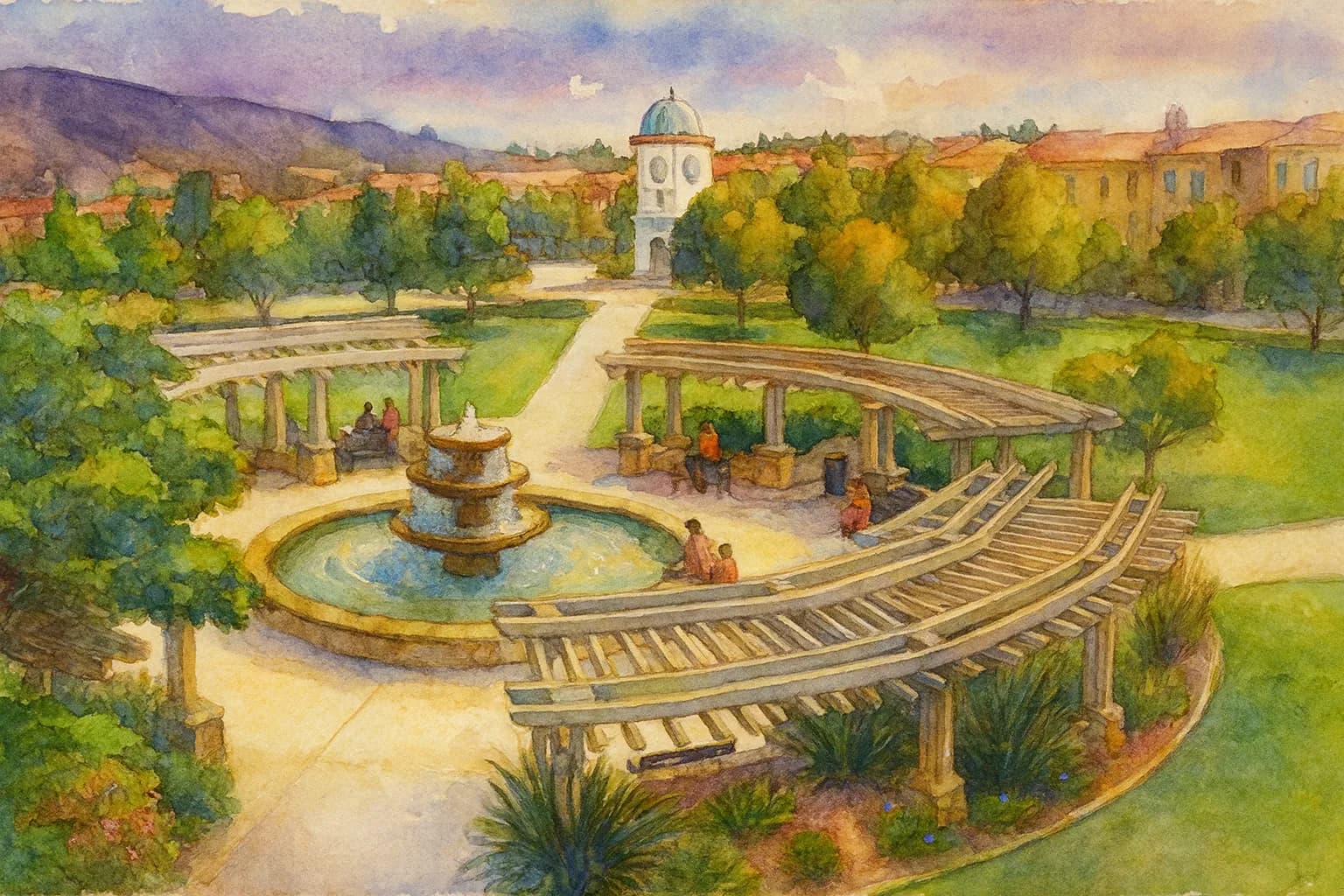 A beautiful watercolor painting of the San Elijo Hills town square, featuring a fountain, pergolas, and people enjoying the park.